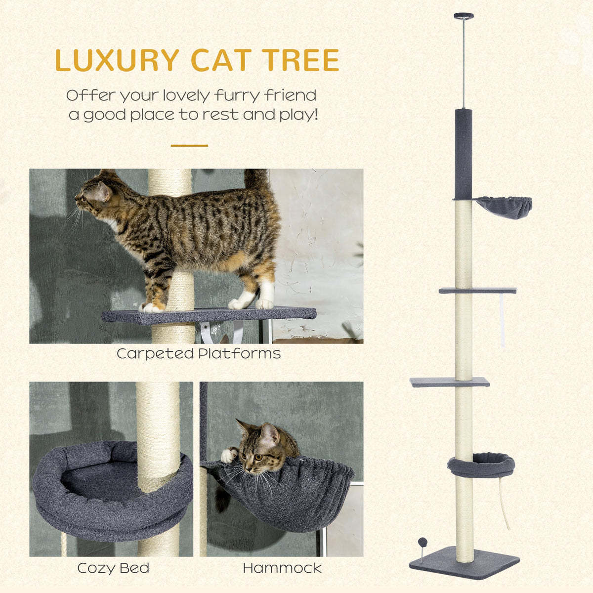 Floor To Ceiling Cat Tree, 5-Tier Cat Climbing Tower, 95-106 Height Adjustable with Carpeted Platforms, Cozy Bed, Hammock, Scratching Post & Toy Ball for Indoor Cats, Dark Gray and Cream