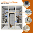 62.6" Gray Outdoor Wooden Cat House Large Catio, Solid Wood Cat Cage Shelter Enclosure Playpen with Anti-UV& Waterproof, 5 Platforms and 2 Resting Boxes
