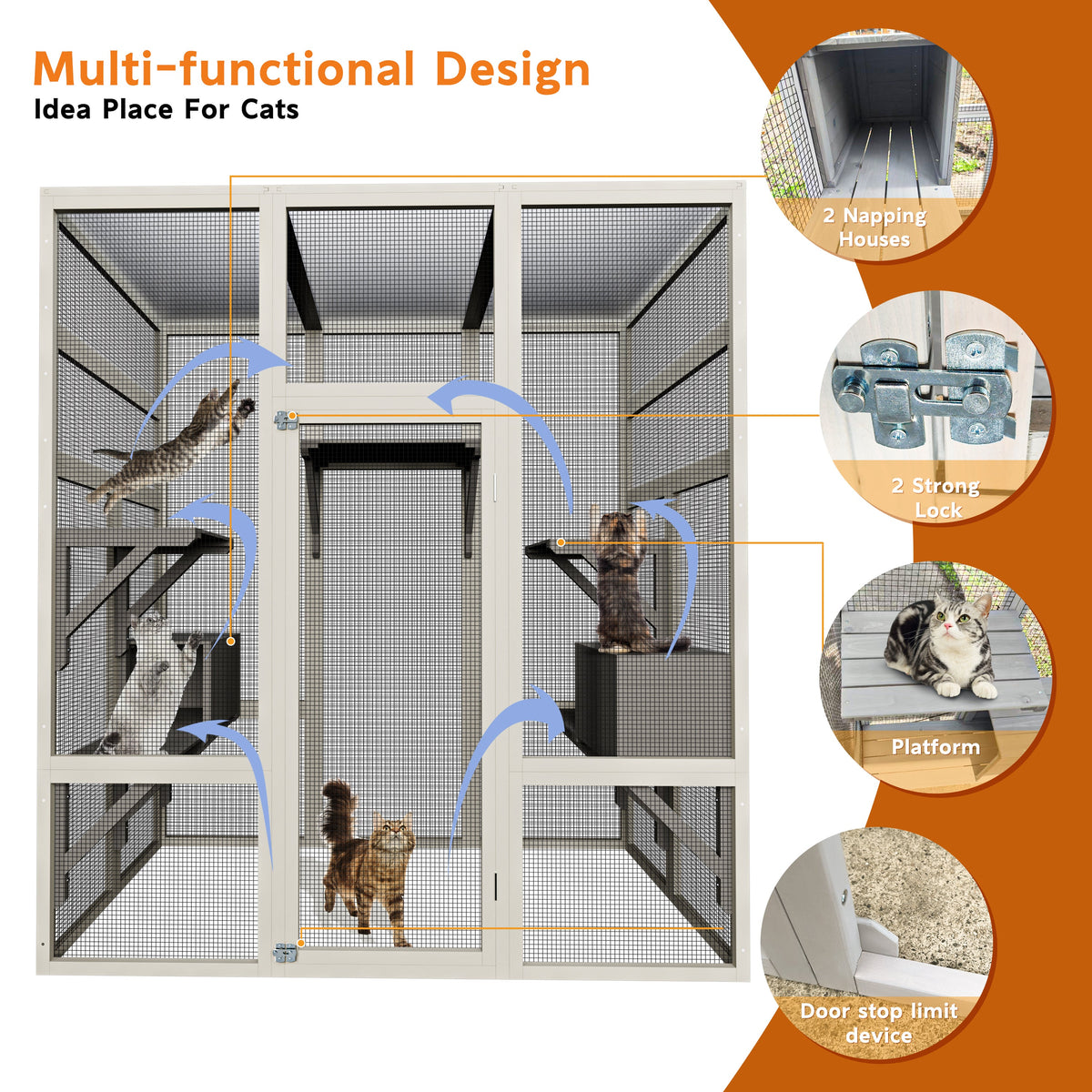 62.6" Gray Outdoor Wooden Cat House Large Catio, Solid Wood Cat Cage Shelter Enclosure Playpen with Anti-UV& Waterproof, 5 Platforms and 2 Resting Boxes