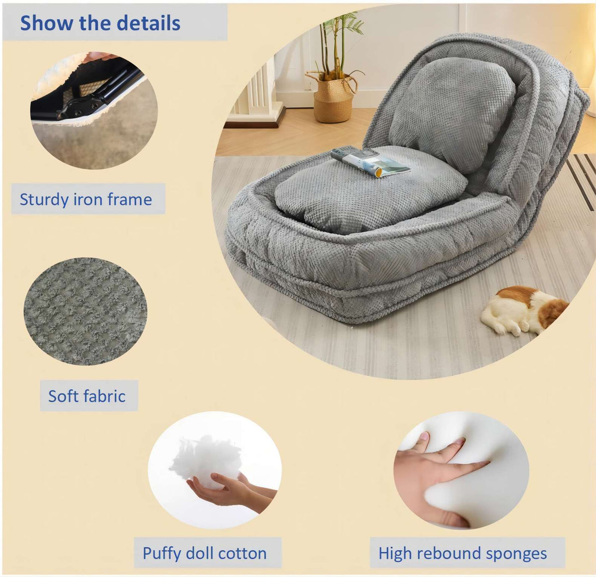 [VIDEO provided] Human Dog Bed ,Lazy Sofa Couch ,5 Adjustable Position,sit,sleep,fold,suit to put in bedroom, living room ,Space Saving Design,Gray