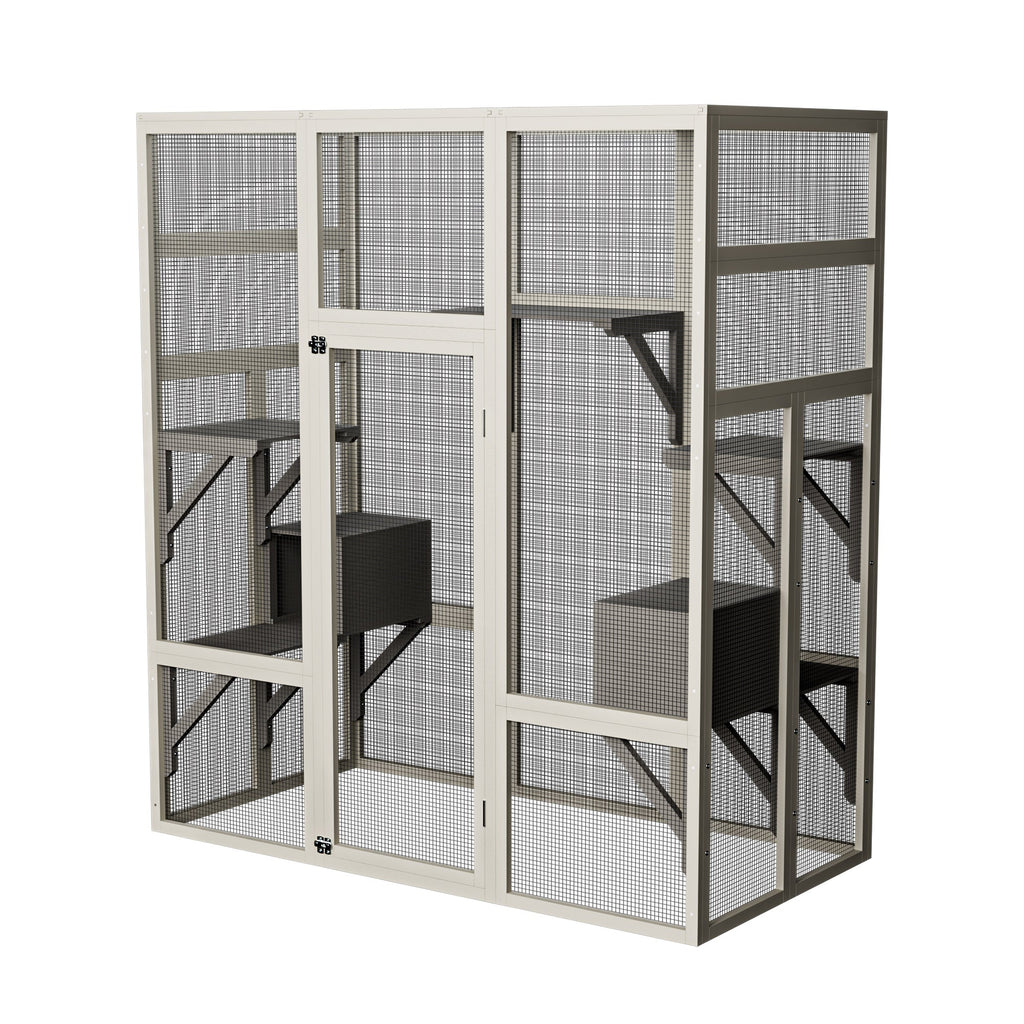62.6" Gray Outdoor Wooden Cat House Large Catio, Solid Wood Cat Cage Shelter Enclosure Playpen with Anti-UV& Waterproof, 5 Platforms and 2 Resting Boxes