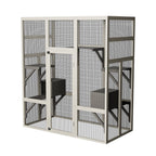 62.6" Gray Outdoor Wooden Cat House Large Catio, Solid Wood Cat Cage Shelter Enclosure Playpen with Anti-UV& Waterproof, 5 Platforms and 2 Resting Boxes