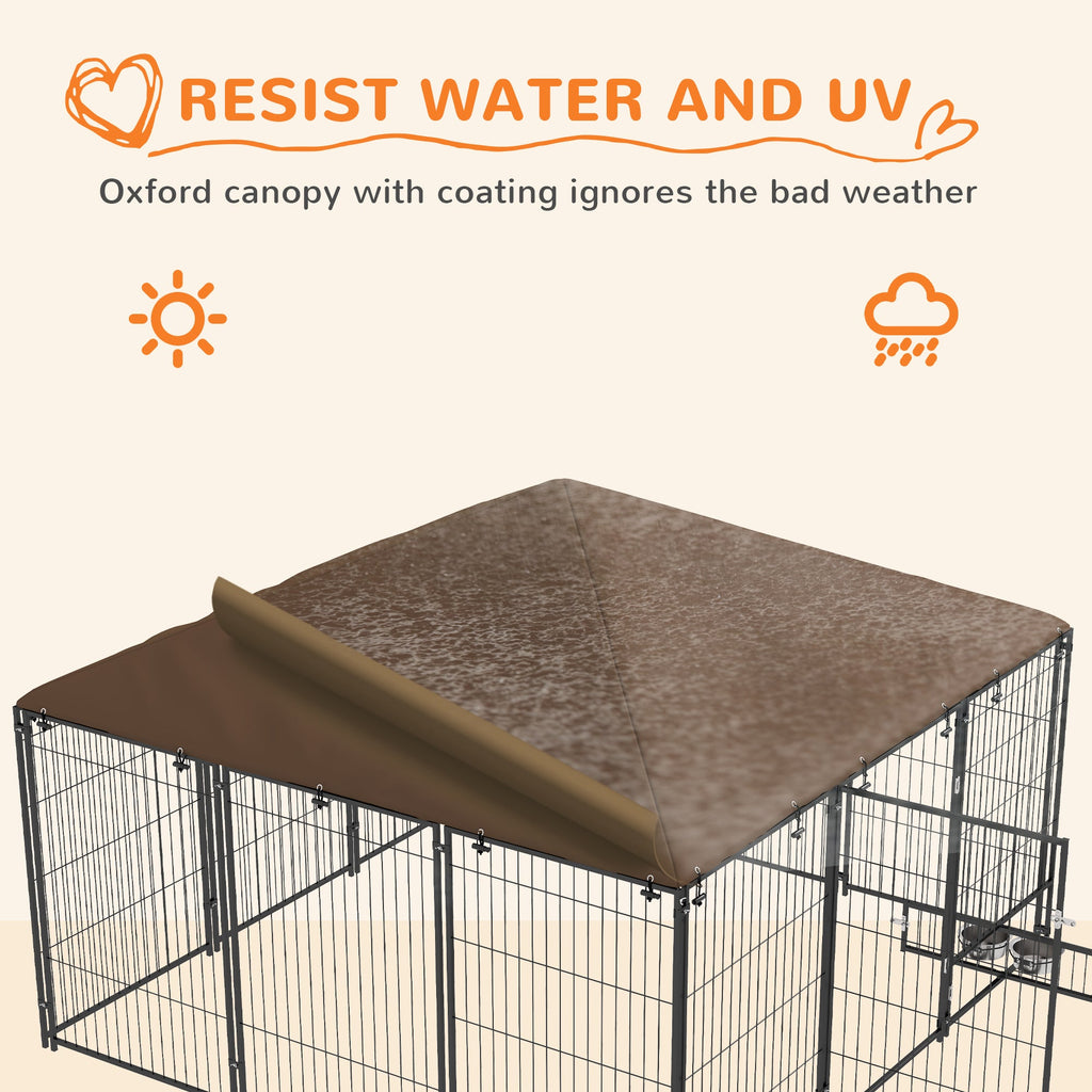 6.9 x 6.9 x 5 Outdoor Dog Kennel with Canopy Garden Playpen Fence Crate Enclosure Cage Rotating Bowl, Coffee