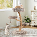 Multi-level Natural Pear Wood Cat Tree, Sisal Scratching Posts, Plush Balls, Long Plush Fabric