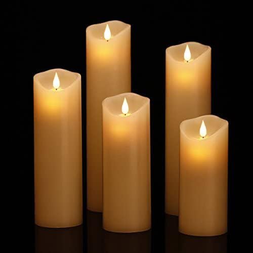 Flameless Battery Operated LED Candles 3D Wick with10key Button Remote Control 24-Hour Timer Set of 5 Electric Flickering Pillar Real Wax，Wedding, Party, Home Decoration
