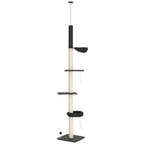 Floor To Ceiling Cat Tree, 5-Tier Cat Climbing Tower, 95-106 Height Adjustable with Carpeted Platforms, Cozy Bed, Hammock, Scratching Post & Toy Ball for Indoor Cats, Dark Gray and Cream