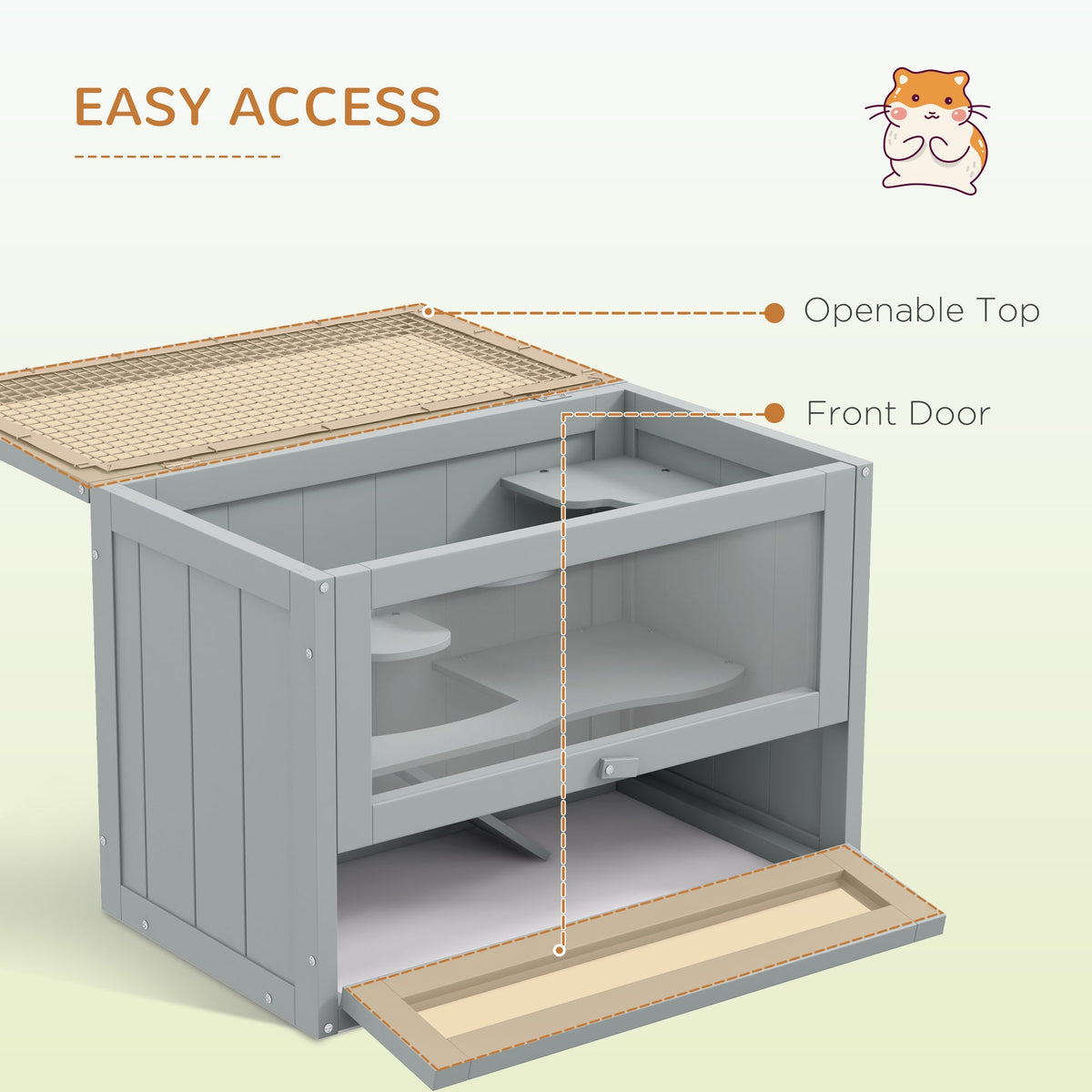 2-Level Hamster Cage with Openable Top, Door, Shelf, Ladder, Gray