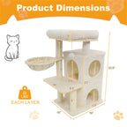 Beige 33.5inch Multi-Level Cat Tree With 2-Tier Condo, Sisal Scratching Posts & Anti-Toppling Device For Cats