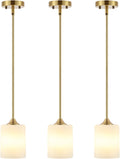Modern Gold Pendant Light 3 Pack Brushed Brass Mid Century Chandelier White Cylinder Glass Shades Adjustable Rods Farmhouse Ceiling Hanging Lighting Fixture Kitchen Island Dining Room Bedroom