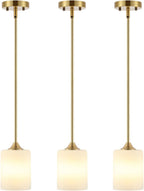 Modern Gold Pendant Light 3 Pack Brushed Brass Mid Century Chandelier White Cylinder Glass Shades Adjustable Rods Farmhouse Ceiling Hanging Lighting Fixture Kitchen Island Dining Room Bedroom