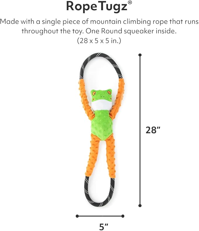 ZippyPaws RopeTugz - Durable Dog Pull Rope Toy, Interactive Tug of War for Large, Medium, & Small Dogs, Squeaky Pet Products to Keep Them Busy, Made with Heavy Duty Climbing Rope - Frog