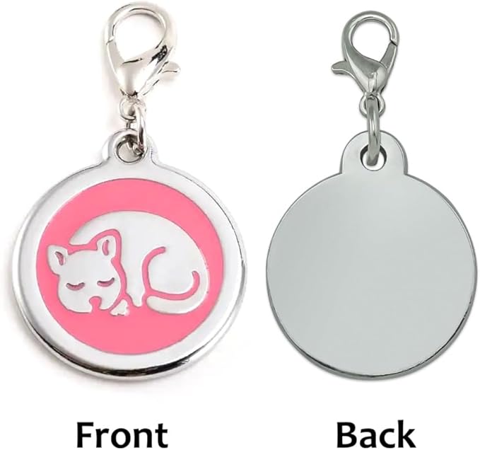 Personalized Pet ID Tags with Lobster Claw Clasp for Kittens and Cats - Small pet Tags for Cats, cat Name Tags for Collar, Custom cat id tag (Sleeping-Round-Small: Pink)