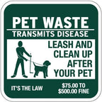 "Pet Waste Transmits Disease - Clean Up After Your Pet" Sign - 12" w x 12" h Square - Rustproof Aluminum- Metal Outdoor Dog Waste Station Sign for Outdoor Parks, HOAs, Homes ($75 to $500 Fine)