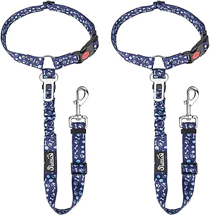 SlowTon Dog Seat Belt for Car, 2 Pack Dog Car Harness Seatbelt Adjustable with Elastic Bungee Buffer, 2 in 1 Pet Car Leash Headrest Restraint Dog Reflective Safety Tether (Blue Paw, Headrest+Clip)