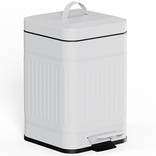 CEROELDA Small Trash Can with Lid-5L/1.3 Gal, Stainless Steel Outdoor Dog Poop Garbage Can-Farmhouse Retro Metal Waste Bin w/Step Pedal for Bathroom Bedroom Office-Soft Close-White