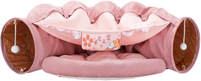 2 in 1 Cat Tunnel Bed Tube with Cushion and Plush Ball Toy Playground Crinkle Collapsible for Large Cats Kittens Kitty Puppy Small Dog Foldable Soft Pet Play Bed Indoor Outdoor- Pink Cat Tunnel Bed