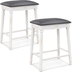 COSTWAY Upholstered Bar Stools Set of 2, 24-Inch Backless Counter Height Dining Stools with Delicate Wood Carving, Footrest, Solid Rubber Wood Frame, Farmhouse BarStools for Kitchen Island Bar, White