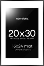 Homeforia 20x30 Poster Frame Black, High End Metal 20 x 30 Picture Frames with Mat 16 by 24 inch Photo, 30x20 Large Frame for Wall, 20x30 Thin Frame Matted to 16x24, Tempered Glass, Wall Kit, Set of 1