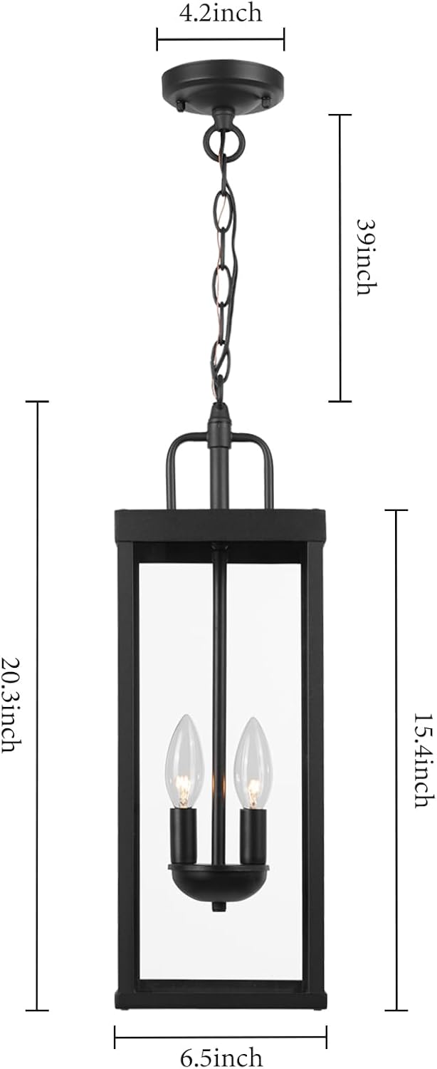 Large Outdoor Pendant Lantern Light Fixture for Front Porch, 20 Inch 2-Light Black Exterior Hanging Chandelier with Clear Glass, Outdoor Indoor Pendant Lamp for Patio, Gazebo, Entryway, Doorway