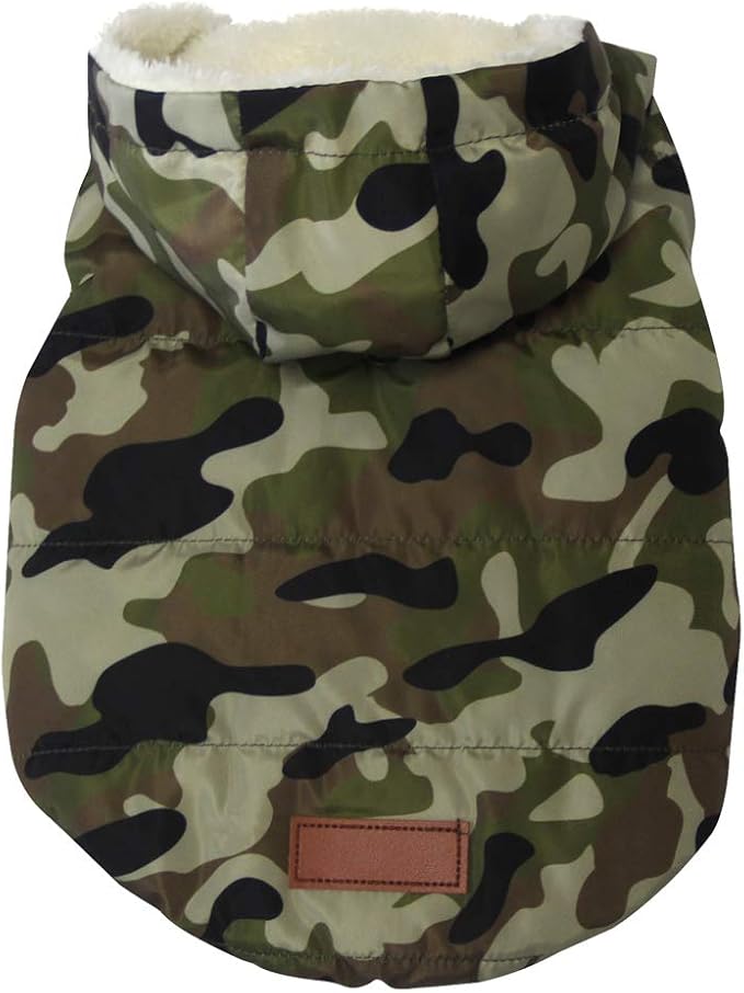 Fleece Lining Extra Warm Dog Hoodie in Winter,Small Dog Jacket Puppy Coats with Hooded,Green Camo XS