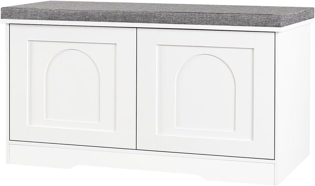 DINZI LVJ Shoe Bench, Entryway Storage Bench with Doors, Cushion, 2-Tier Shoe Rack with 6-Cubby, 31.5”L x 13.8”W Shoe Organizer Cabinet, Adjustable Shelf, Living Room, Bedroom, White