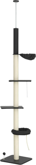 PawHut Floor to Ceiling Cat Tree, 5-Tier Cat Climbing Tower, 95''-106'' Height Adjustable with Carpeted Platforms, Cozy Bed, Hammock, Scratching Post & Toy Ball for Indoor Cats, Dark Gray and Cream