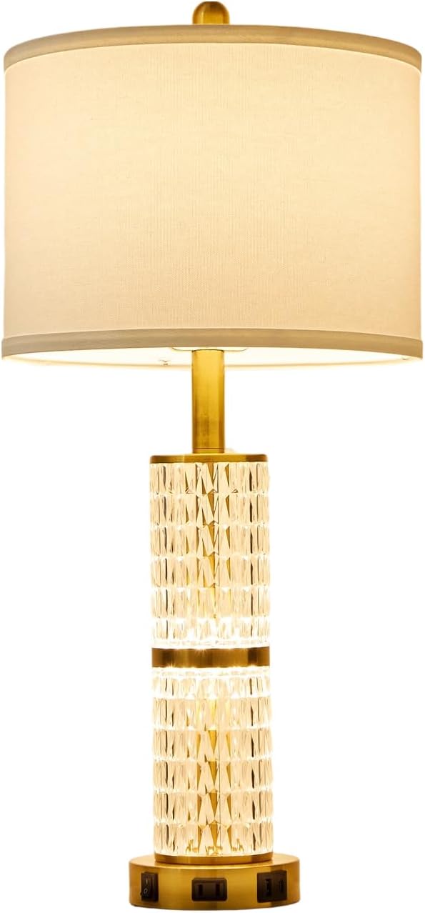 Crystal Table Lamps Modern 3-Way Dimmable Bedside Lamp with 2 USB Ports & AC Outlets for Living Room Bedroom Nightstand Lamp Night Light