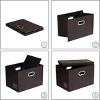 PRANDOM Large Foldable Storage Bins with Lids [3-Pack] Leather Fabric Collapsible Storage Boxes Organizer Containers Baskets Cube with Cover for Home Bedroom Closet Office Brown(17.7x11.8x11.8)