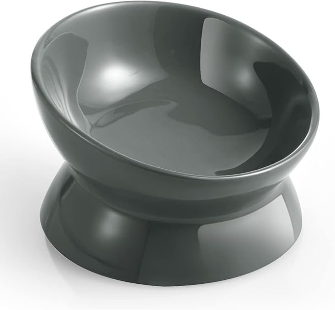 LoeJan Elevated Cat Food Bowl, 5 Oz Ceramic Raised and Tilted Water Bowl, Anti Vomiting and Protect Pets' Spines Dishes for Small Dog, Fat Faced Cat, Kitten (Gray, 1 Pack)