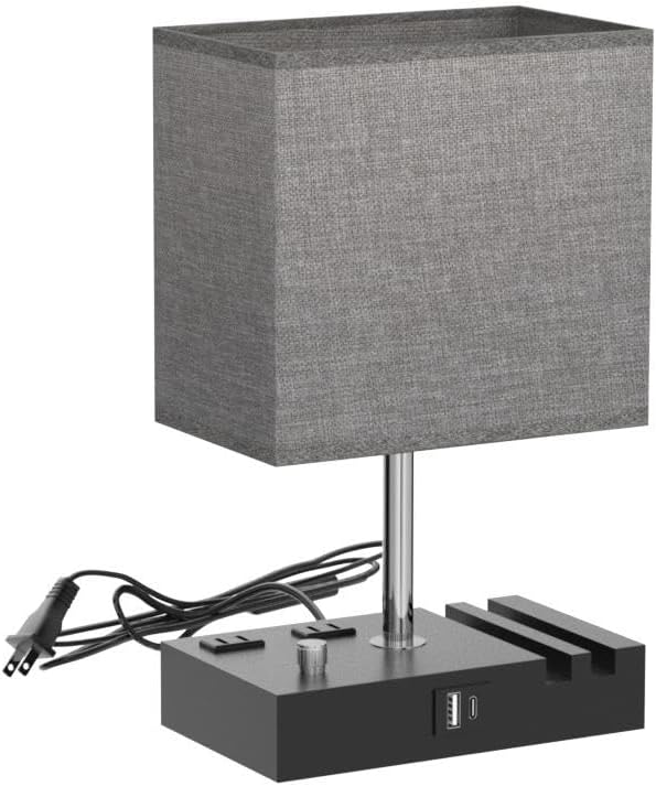Kakanuo Fully Dimmable Nightstand Lamp for Bedroom with USB C Ports, Grey Small Bedside Table Lamp with Charging Outlets and Phone Stands, Wooden Desk Lamp for Living Room, LED Bulb Included