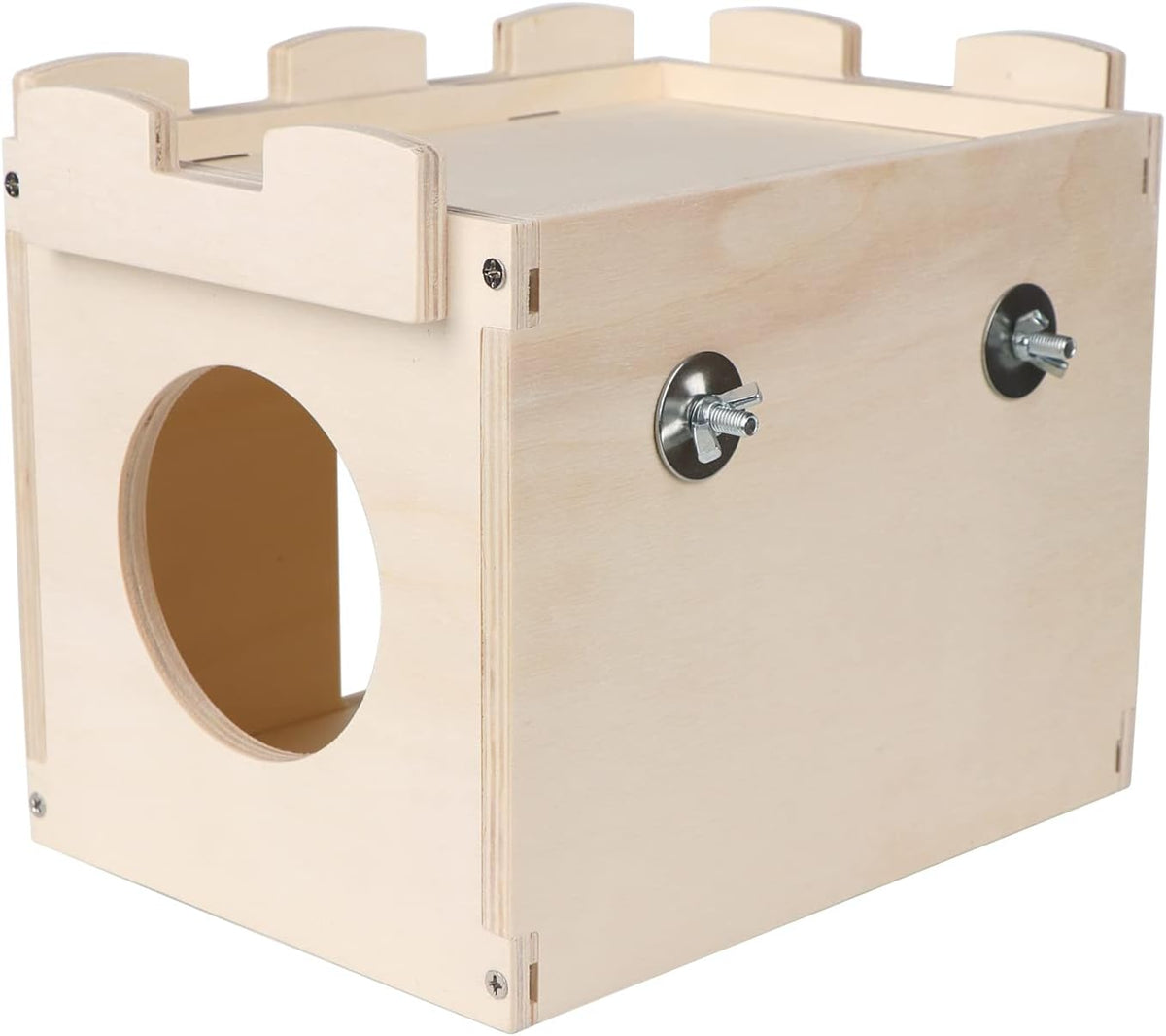 Castle Chinchilla House - Small Animal Hideout for Chinchilla Guinea Pig Hedgehog, or Rat - Ventilated Wooden Hamster Habitat with Multiple Doors - Made from Natural Wood