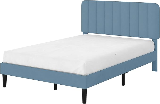 VECELO Queen Size Bed Frame with Upholstered Headboard, Velvet Platform Bedframe Mattress Foundation, Strong Wood Slat Support, No Box Spring Needed,Sky Blue