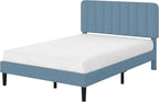 VECELO Queen Size Bed Frame with Upholstered Headboard, Velvet Platform Bedframe Mattress Foundation, Strong Wood Slat Support, No Box Spring Needed,Sky Blue