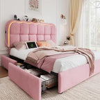 Full Size Bed Frame with 4 Storage Drawers and LED, Adjustable Clouds Headborad, Velvet Upholstered Platform Full Bed Frame with Charing Station, Wood Slats Support, No Box Spring Needed,Pink