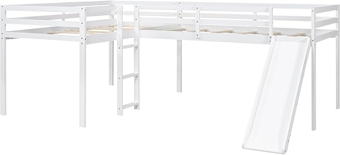 L-Shaped Twin Size Loft Bed with Ladder and Slide,Solid Wood Structure Bed Frame,w/Safety Guardrail & Slat Supports,Space Saving,Easy to Assemble,for Kids,Teens,Girls & Boys,White