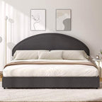 King Size Bed Frame, Upholstered Platform Bed with Headboard, Boucle Bed Frame with Round Conner, No Box Spring Required, Easy Assembly, Dark Grey