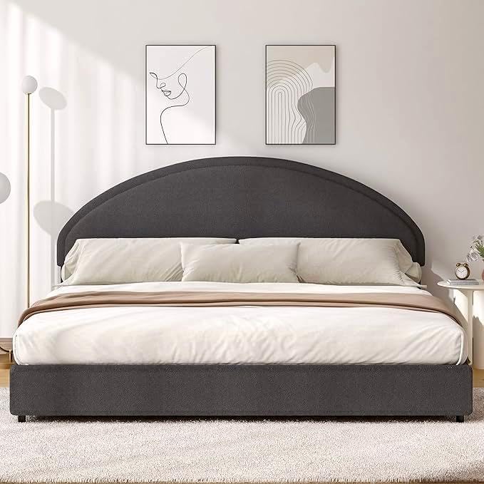 King Size Bed Frame, Upholstered Platform Bed with Headboard, Boucle Bed Frame with Round Conner, No Box Spring Required, Easy Assembly, Dark Grey