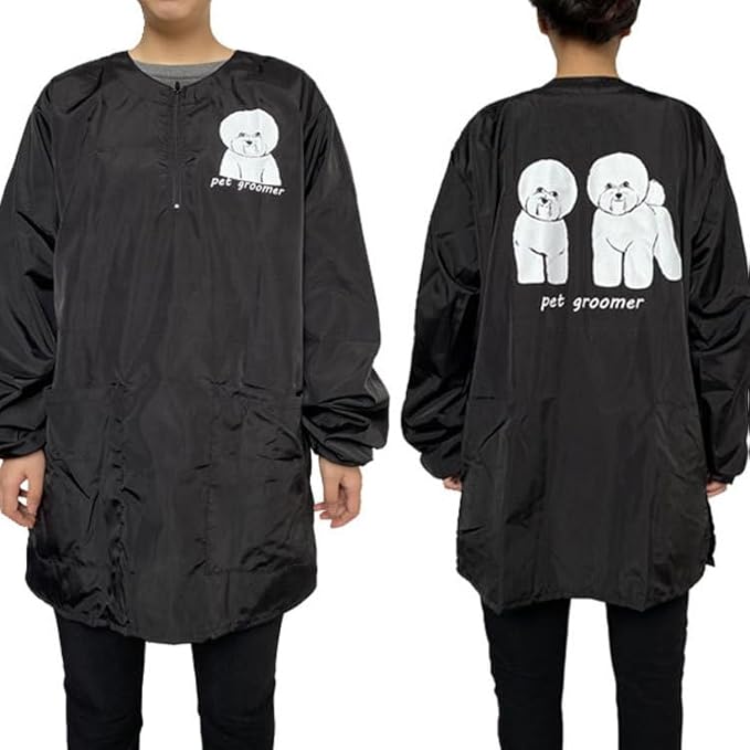 Dog Grooming Smock, Dog Grooming Smock for Men Women, Anti-Static Smock for Pet Shop Dog Cat Grooming, Long Sleeves, Water Resistant, (Black with Print Bichon M)