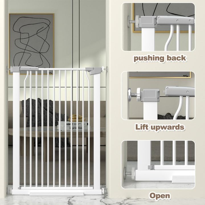 41" Extra Tall Baby Gate for Doorway, 32.6-40.5'' Metal Pet Baby Safe Gate, Extra Wide Pressure Mounted Child Door with Expansion Kit, No Drilling Cat Fence Indoor, No Climb Cat Proof Gate, White