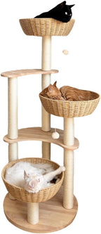 54" Large Modern Cat Trees, Luxury Rattan Oak Solid Wood Cat Trees Towers，3 Weaving Cat Nests & Washable Cool Cushions, Sisal Scratching Posts,Cat Condo for Indoor Cats- Wood Wax Oil Version