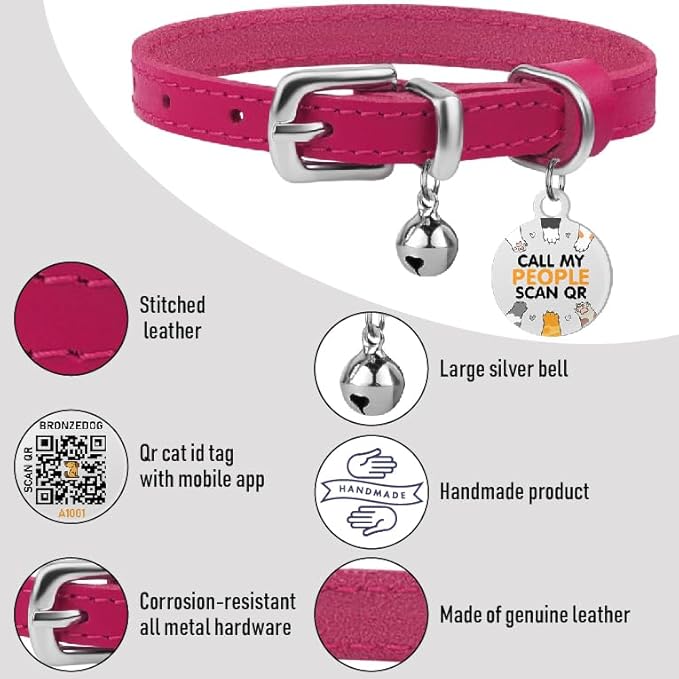 BRONZEDOG Leather Cat Collar with Removable Bells Non Breakaway Kitten QR Tag for Girl Boy (Pink & Silver, 9-12 inch)