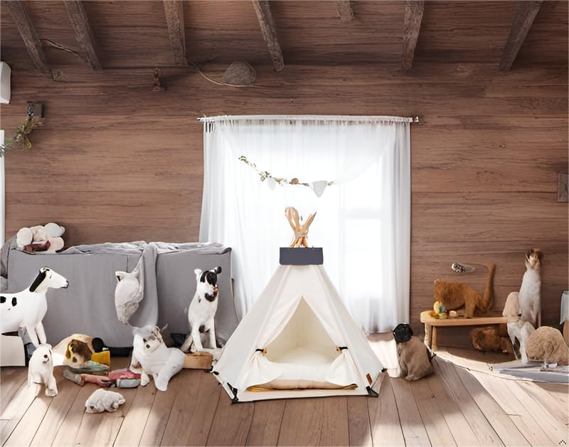 Pet Teepee Dog & Puppy Cat Tents Tipi Bed Portable Houses with Thick Cushion for Pets Up to 33lbs