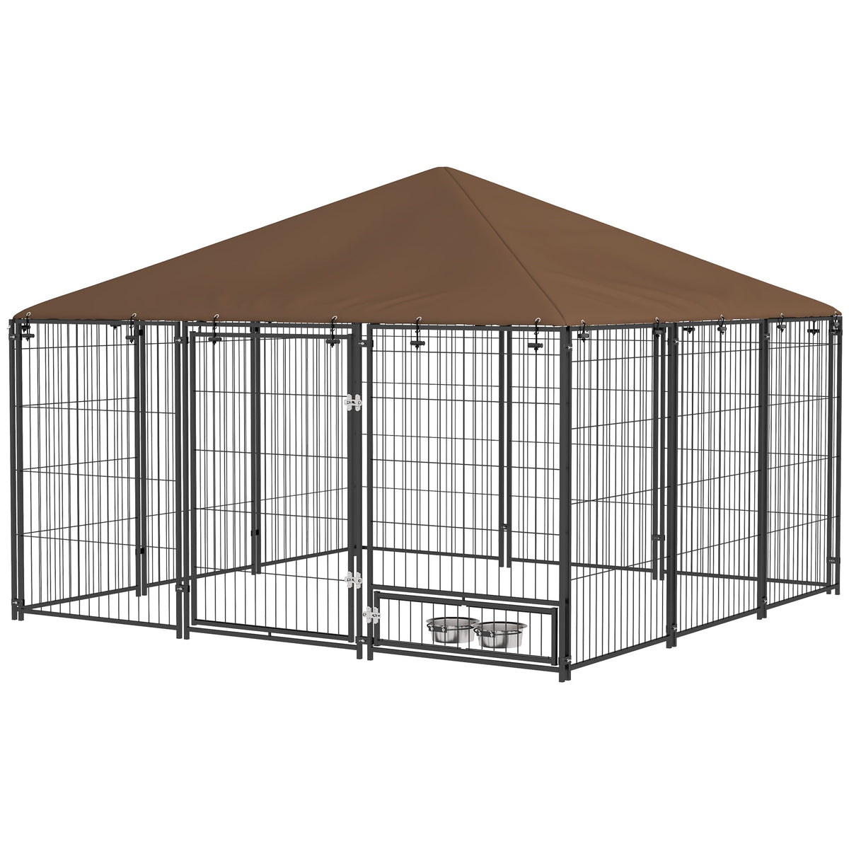 6.9 x 6.9 x 5 Outdoor Dog Kennel with Canopy Garden Playpen Fence Crate Enclosure Cage Rotating Bowl, Coffee