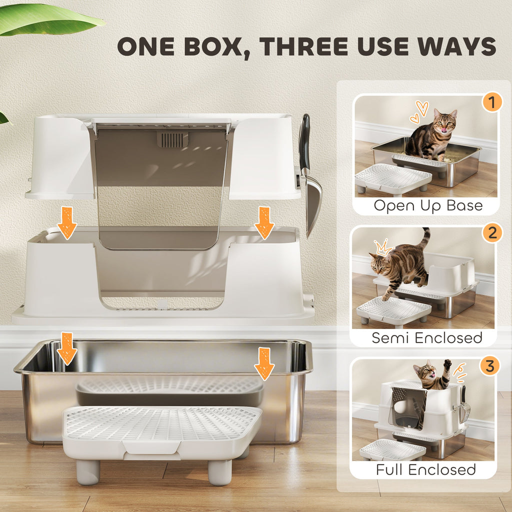 XL Stainless Steel Litter Box w/ 100° Flip Top, Scoop, Step, Top & Side Entry Enclosed Litter Box for Big Cats
