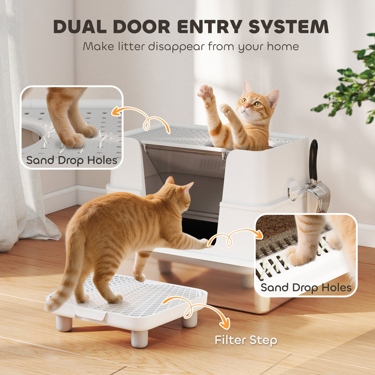 XL Stainless Steel Litter Box w/ 100° Flip Top, Scoop, Step, Top & Side Entry Enclosed Litter Box for Big Cats