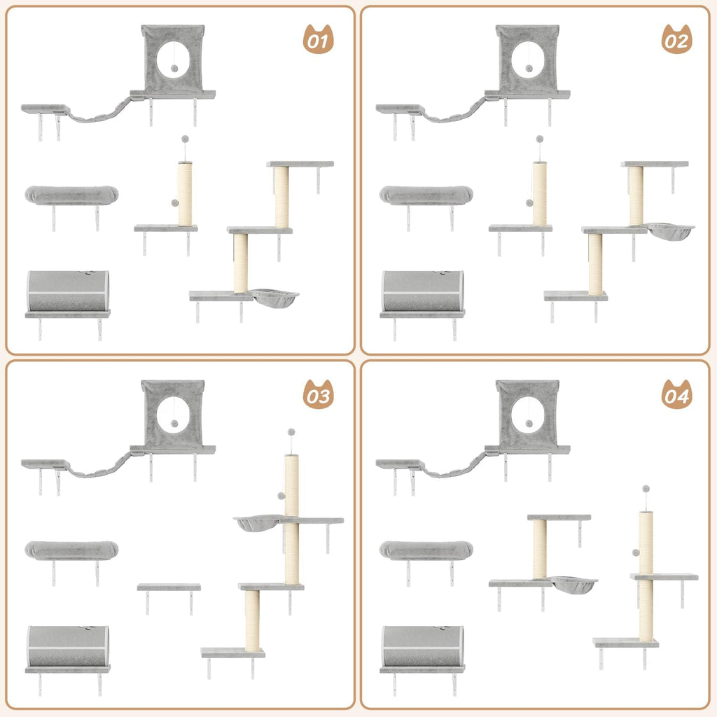 NUNU LAB 7-in-1 Wall Mounted Cat Climber Set, Cat Furniture Set with House, Tunnel, Bridge, Tree, Steps, Scratcher Board, Hammock, Luxury Wall Shelves for Indoor, Gray
