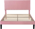 Allewie Full Bed Frame, Velvet Upholstered Platform Bed with Adjustable Vertical Channel Tufted Headboard, Mattress Foundation with Strong Wooden Slats, Box Spring Optional, Easy Assembly, Pink