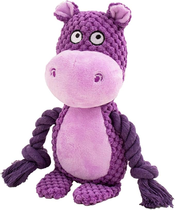 Dog Toys, Dog Squeaker Toys with Crinkle Paper, Stuffed Animal Dog Plush Chewing Toy, Cotton Rope Interactive Toys for Puppy, Small, Middle Dogs (Purple Hippo)