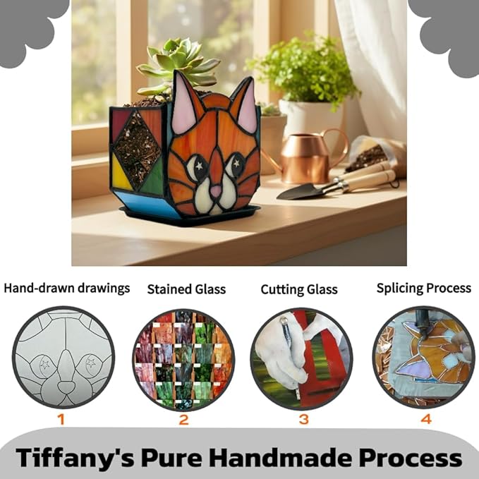 Star Orange Cat Planter, Stained Glass Flower Pot, Art Deco Style, Indoor Plant Container with Drainage Hole, 4.6x3x5.15 Inches