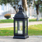 TRIROCKS Rustic Style Metal Candle Lantern 13'' High Decorative Outdoor Lantern Candle Holder with Tempered Glass for Christmas Living Room Garden Patio Parties Indoors Outdoors (Black)